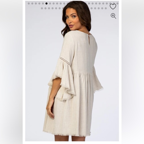 EUC LARGE PINK BLUSH BEIGE RAW EDGE BELL SLEEVE BABYDOLL LINEN MATERNITY DRESS - Picture 6 of 12